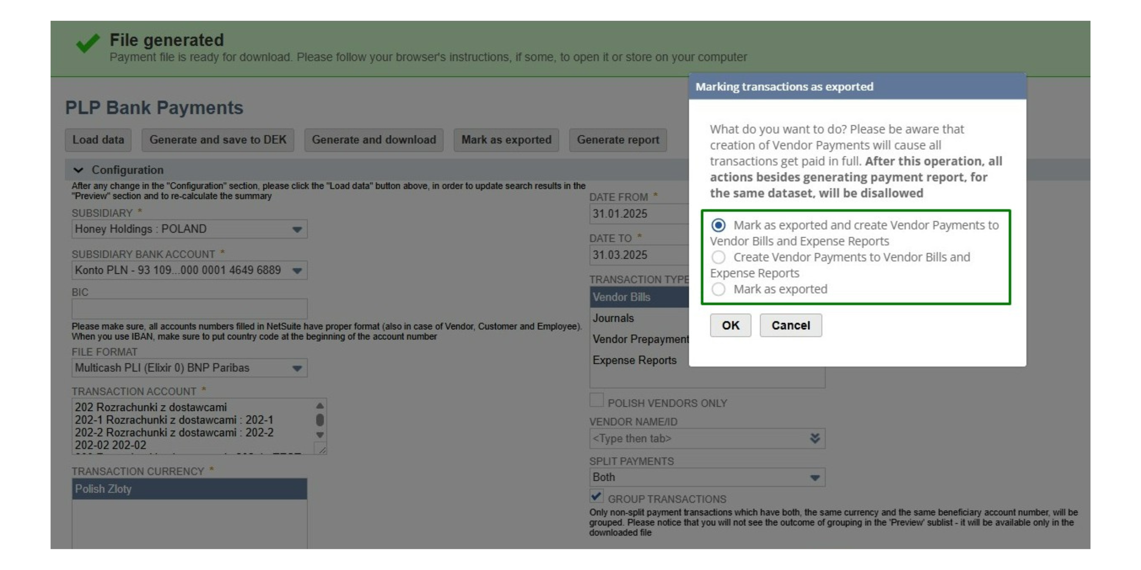 Oracle NetSuite PLP Bank Payments