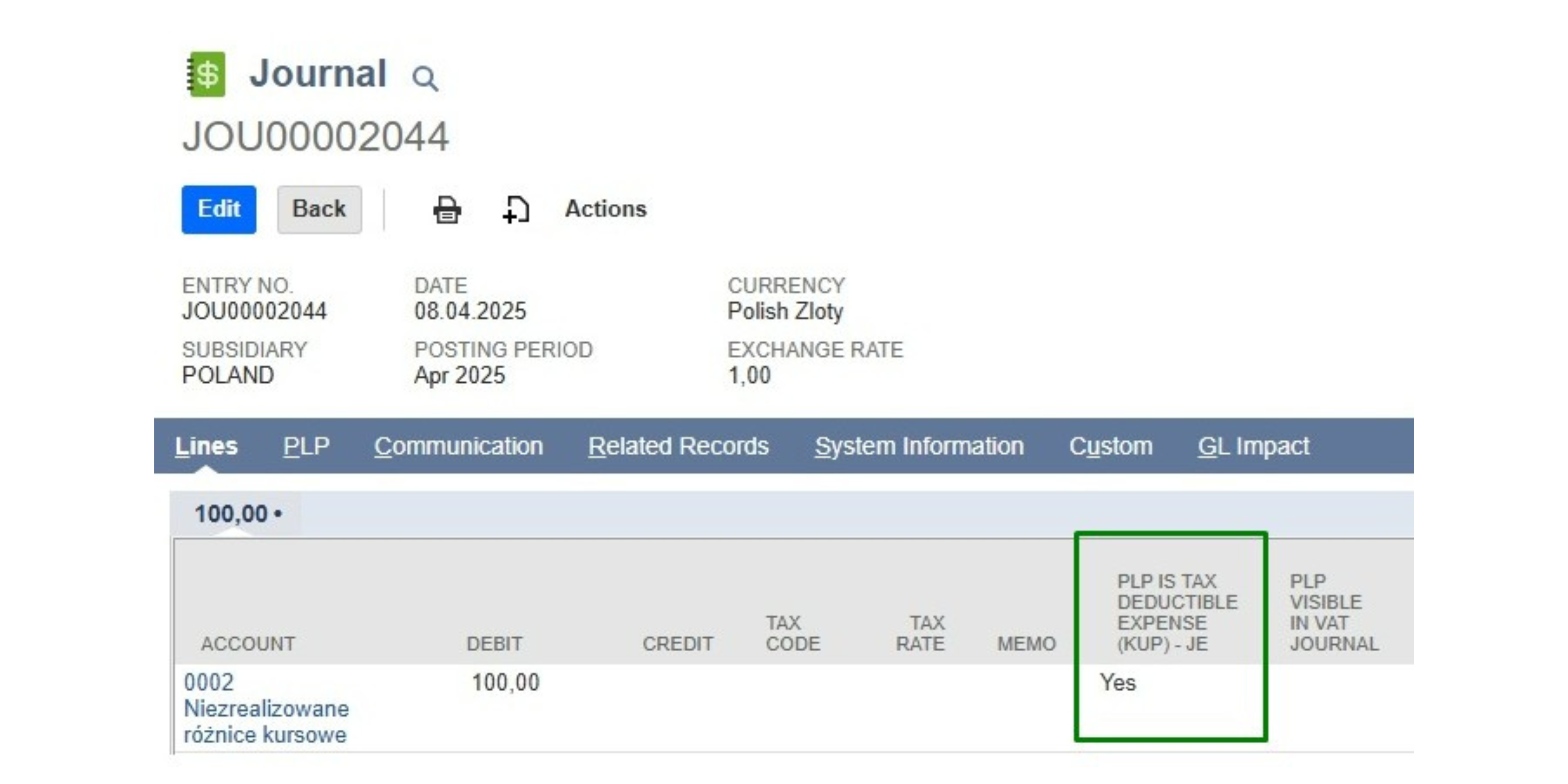 Oracle Netsuite PLP transaction details