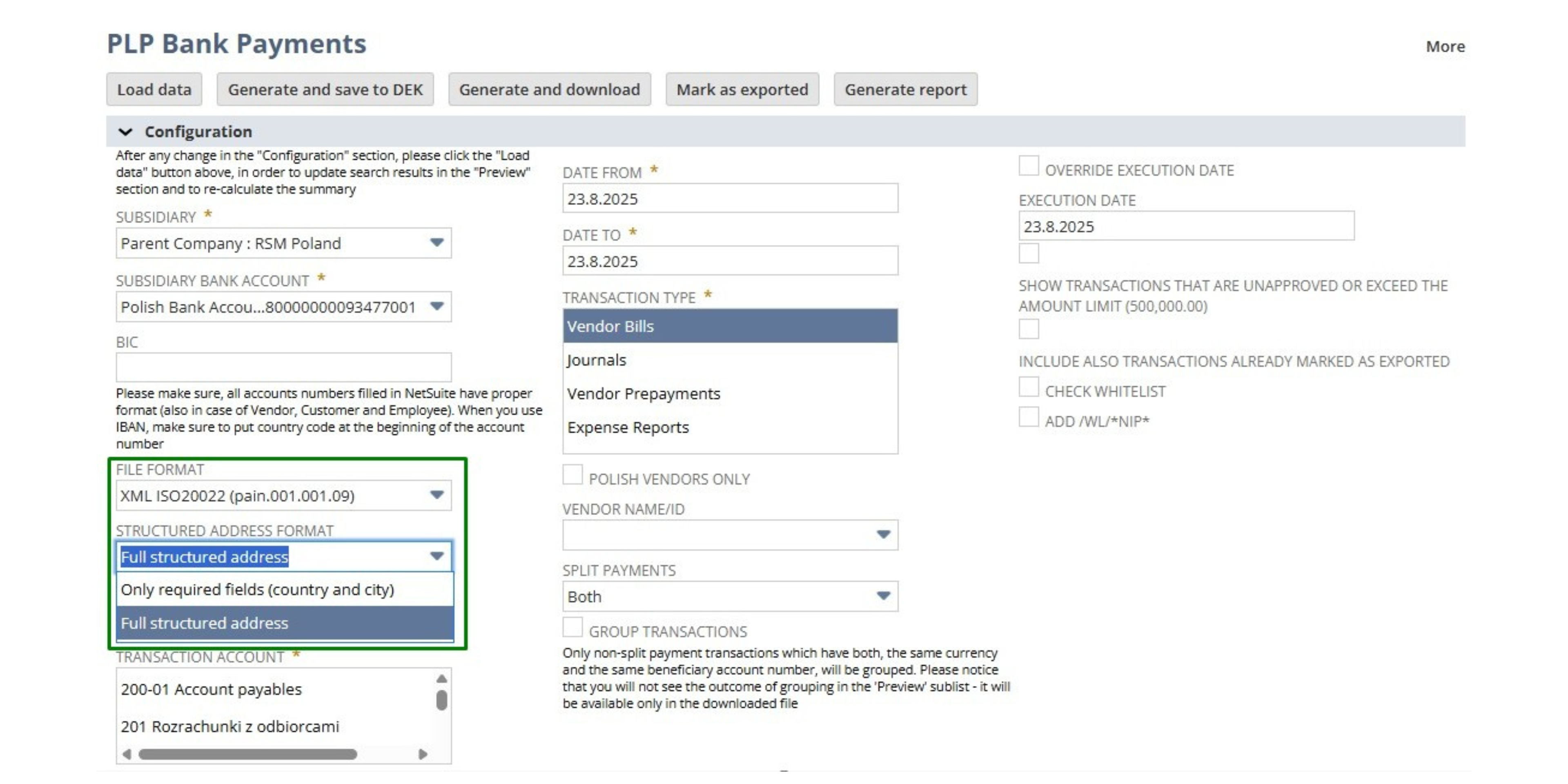 Screen z modułu Bank Payments Polskiego Pakietu Lokalizacyjnego Oracle NetSuite