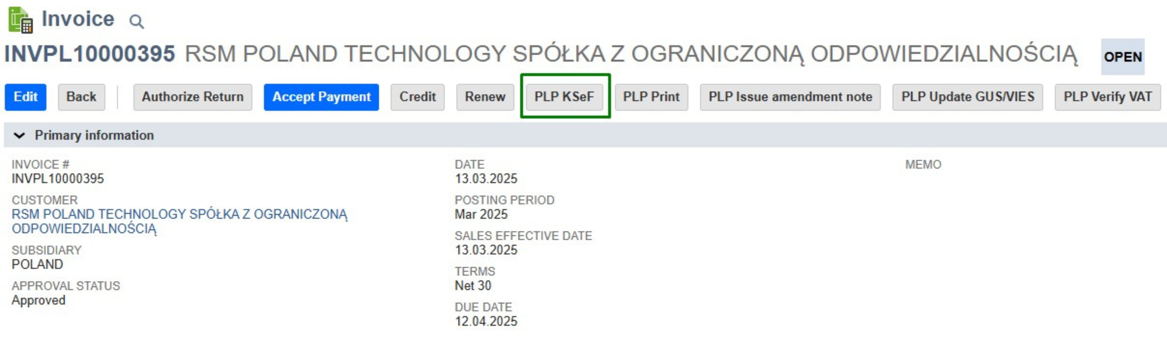 Screen z programu ERP Oracle NetSuite