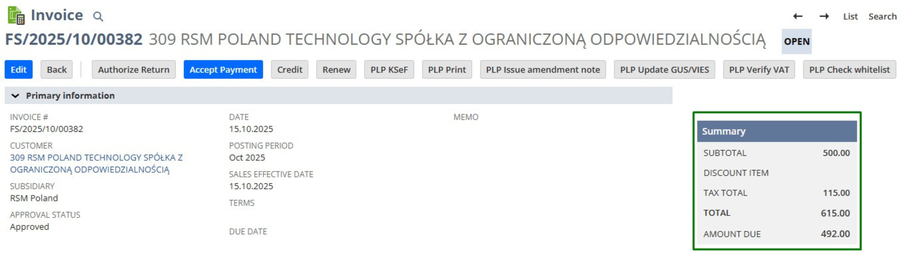 Screen z programu ERP Oracle NetSuite