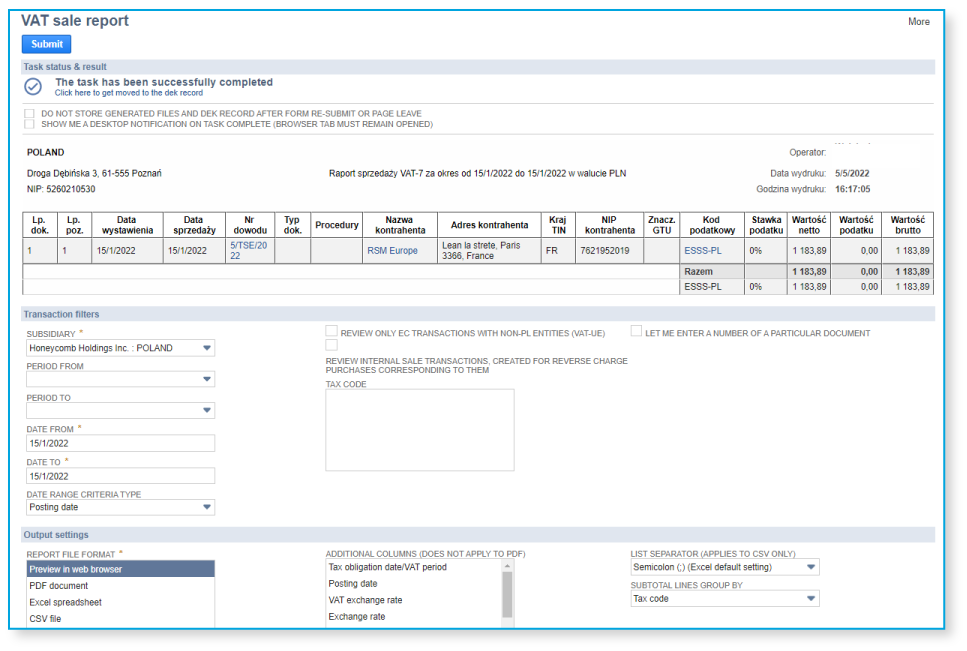 screenshot of VAT registry