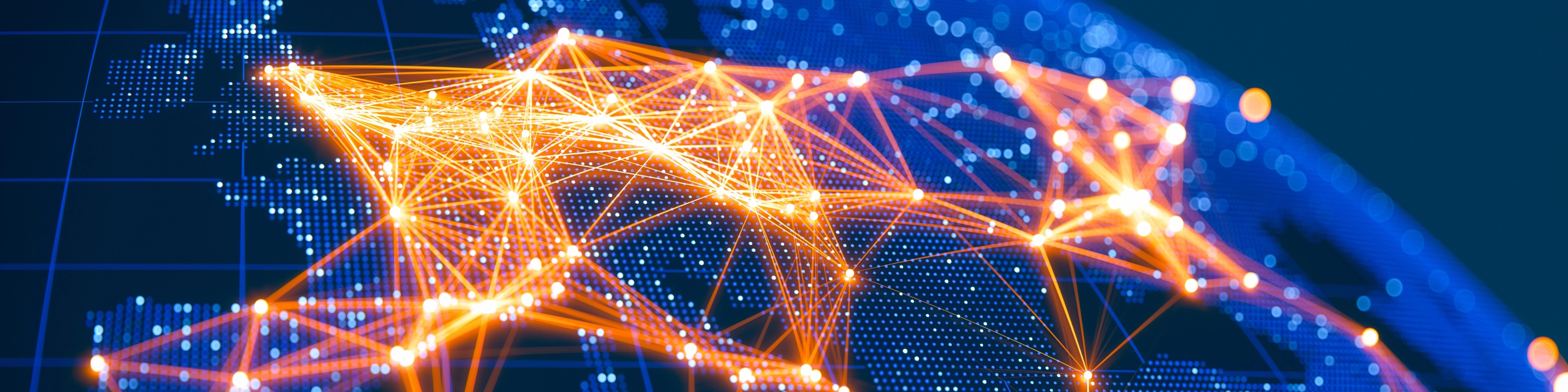 Zdigitalizowana mapa Europy z punktami połączonymi świecącymi liniami