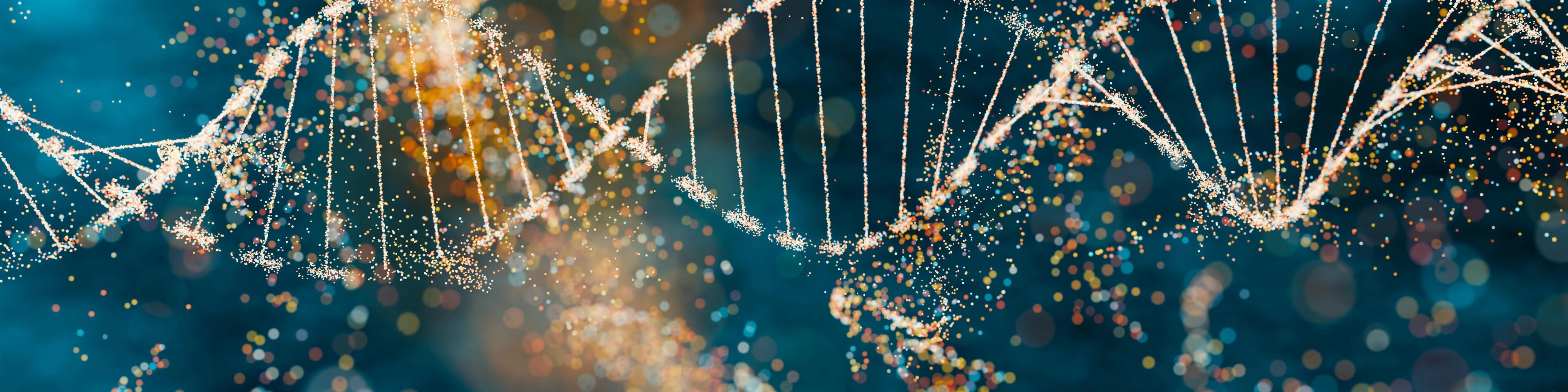 Abstrakcyjne przedstawienie struktur podwójnej helisy DNA otoczonej unoszącymi się cząstkami na niebieskim tle