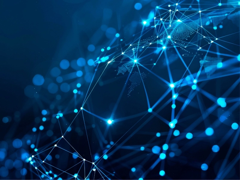 Abstrakcyjna ilustracja przedstawiająca połączone ze sobą punkty na ciemnogranatowym tle