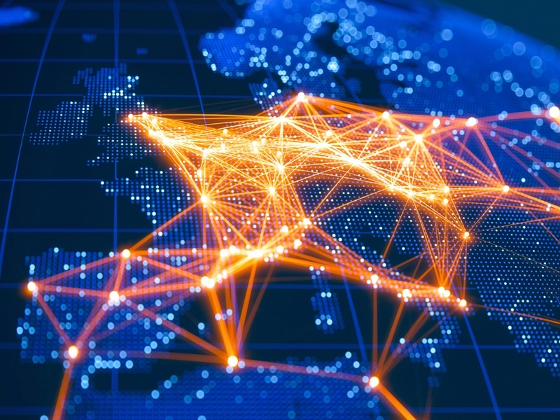 Zdigitalizowana mapa Europy z punktami połączonymi świecącymi liniami