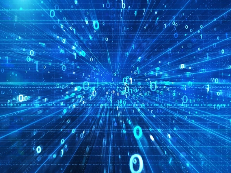 Abstrakcyjny obraz kodu binarnego i promieni światła tworzących siatkę o głębokiej perspektywie